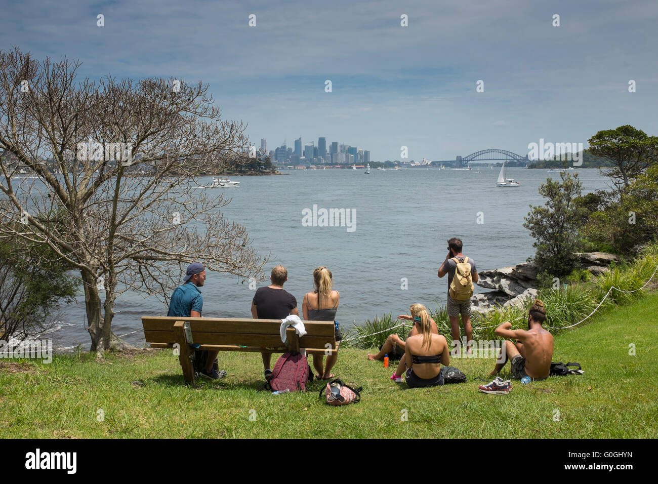 group of friends looking at the view of Sydney Harbour, Nielsen Park, Sydney Stock Photo