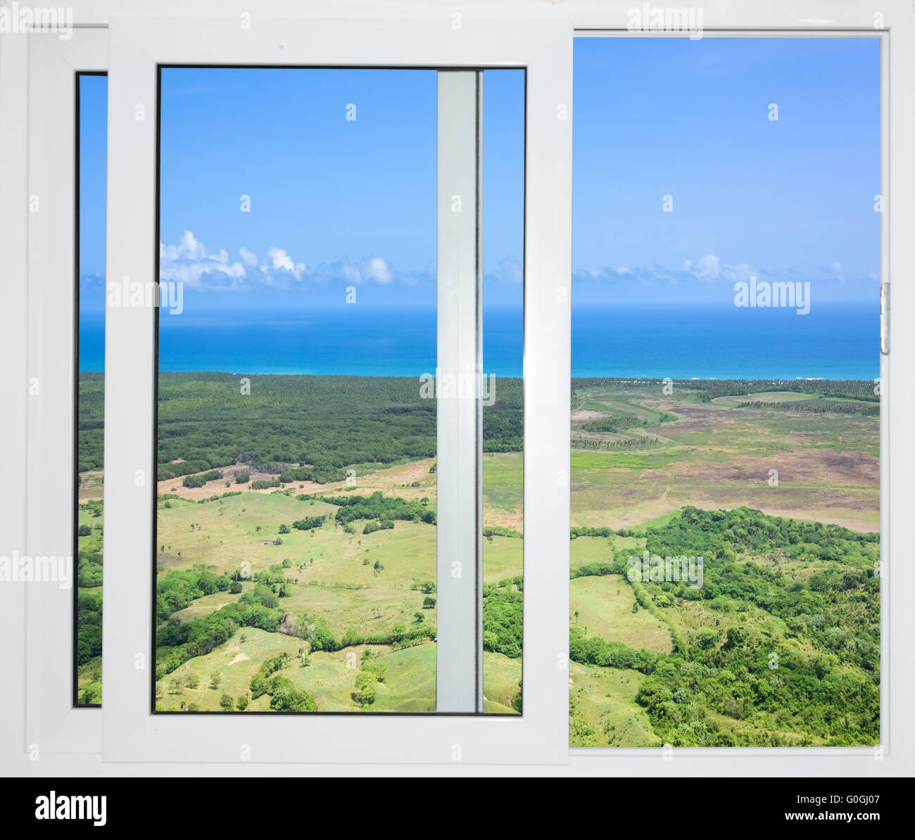 nature landscape with a view through a window with curtains Stock Photo ...