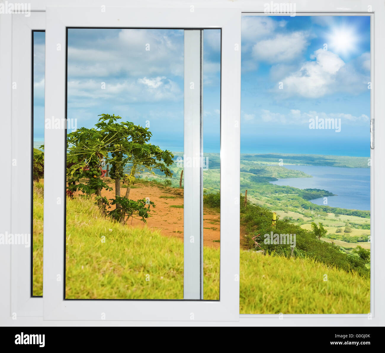 nature landscape with a view through a window with curtains Stock Photo ...