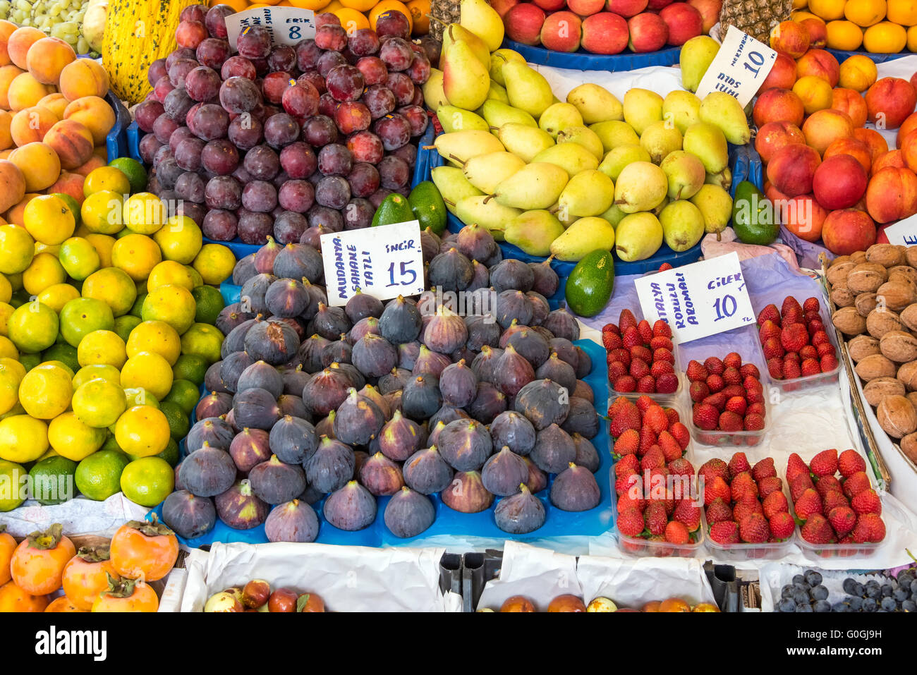 Colorful fruits for sale at a market in Istanbul, Turkey Stock Photo