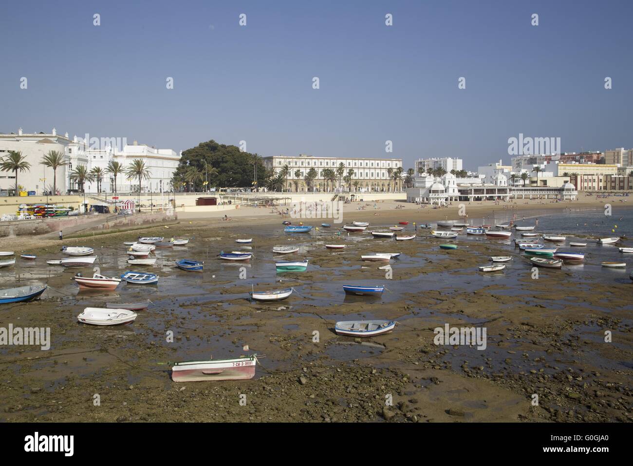 Fishing boats in Cadiz at low tide Stock Photo