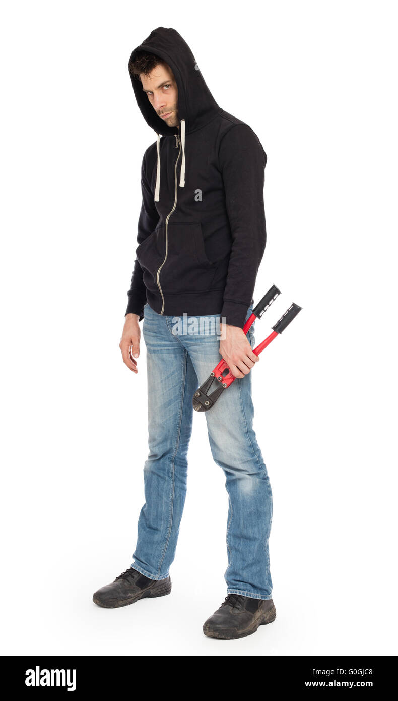 Robber with red bolt cutters, isolated on white Stock Photo
