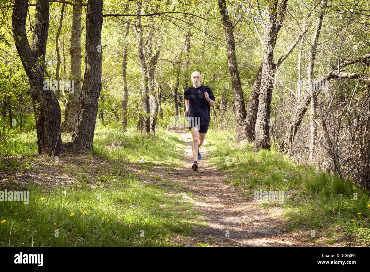 A senior man worn in black is running in the forest during a warm spring day Stock Photo