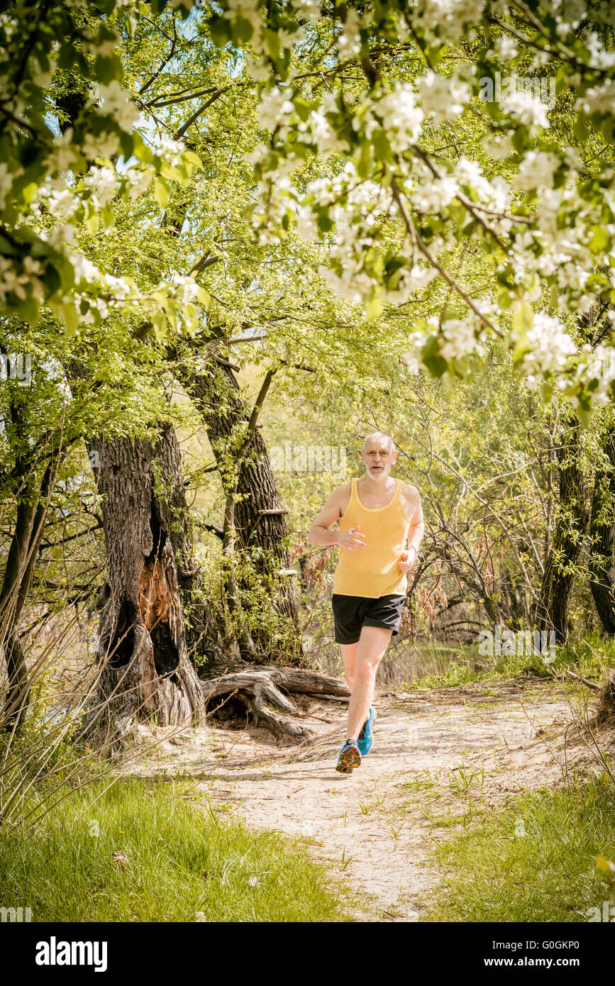 A senior man worn in black and yellow is running in the forest, close to the lake, under an apple blossom, during a warm spring Stock Photo