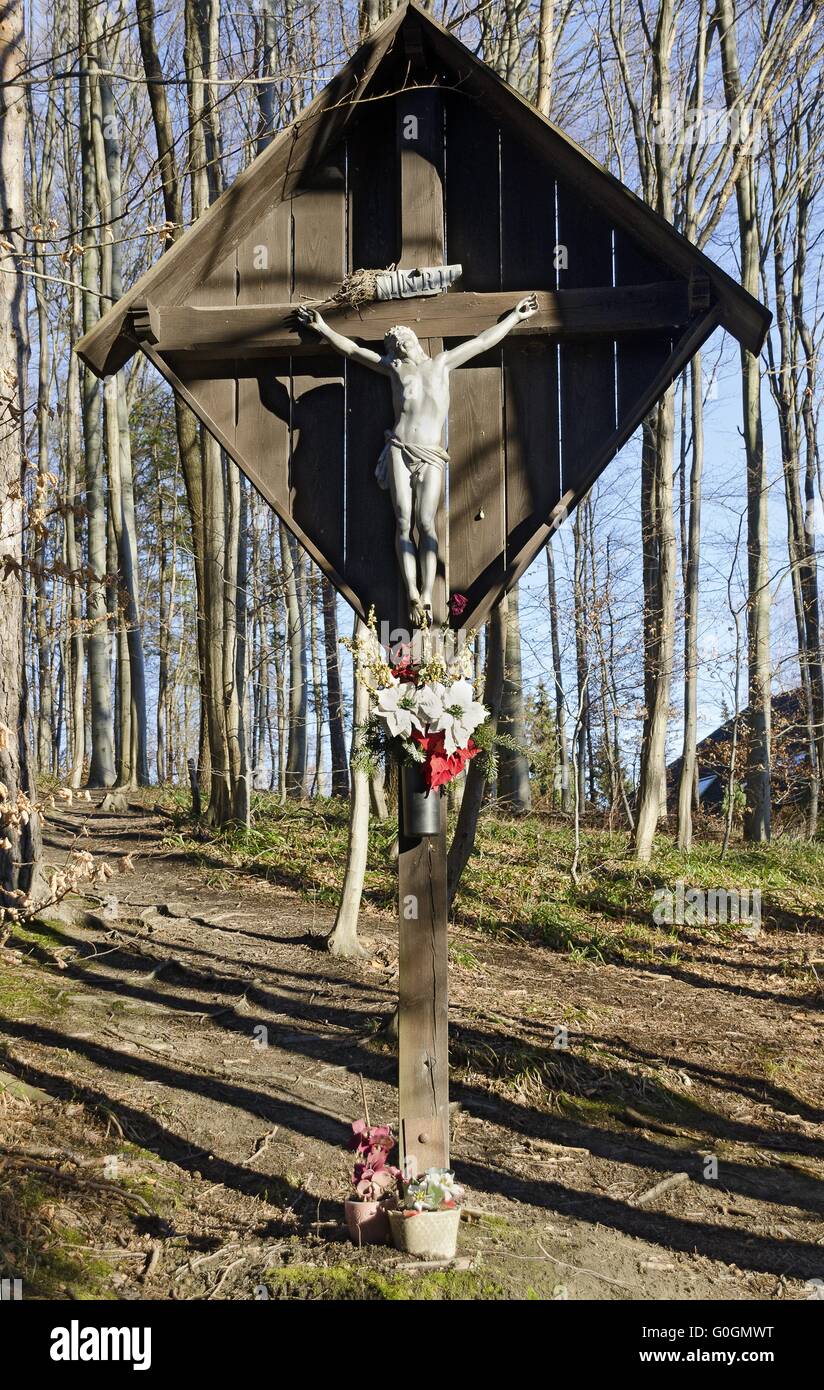 wayside cross with statue of christ Stock Photo