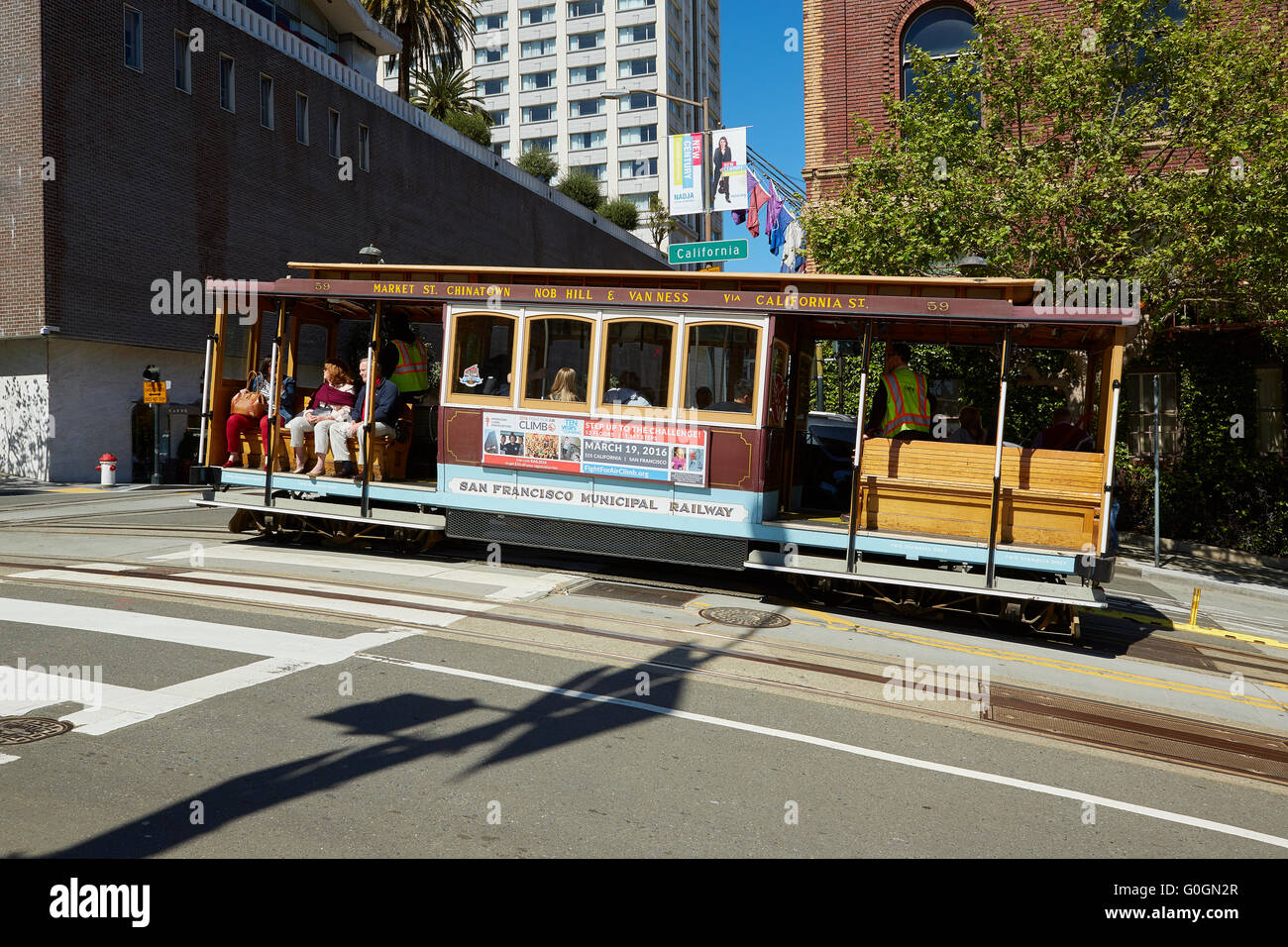 TravelSan Francisco Cable Car Climbing Up California Street Onto Nob Hill. Stock Photo