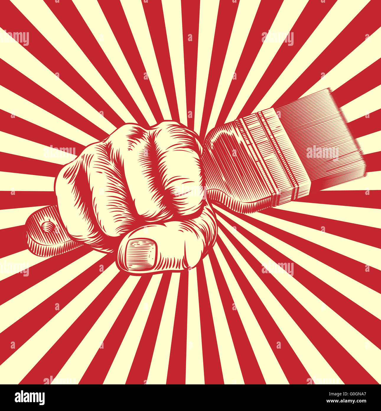 An original design of a fist holding a paintbrush in vintage propaganda poster wood cut style Stock Photo