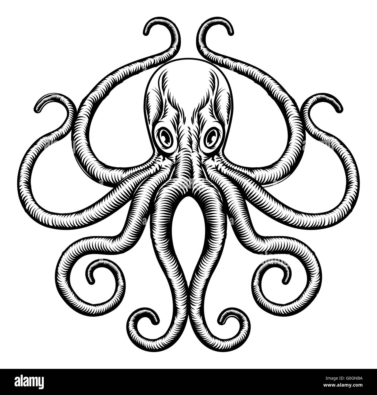 An original octopus or squid tattoo illustration concept design in a vintage woodblock style Stock Photo