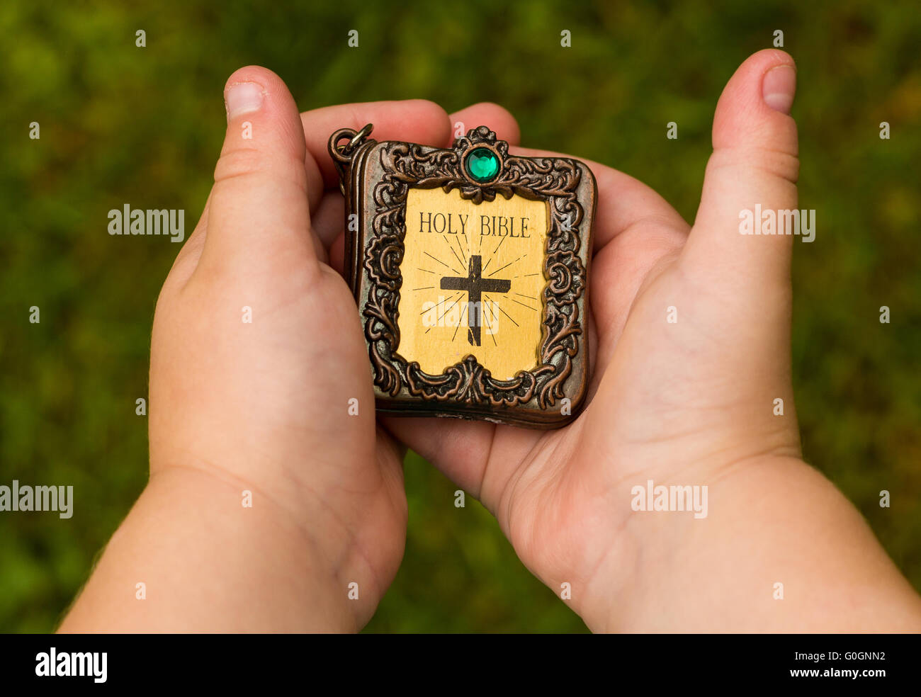 Small Holy Bible held in a child's hands Stock Photo Alamy
