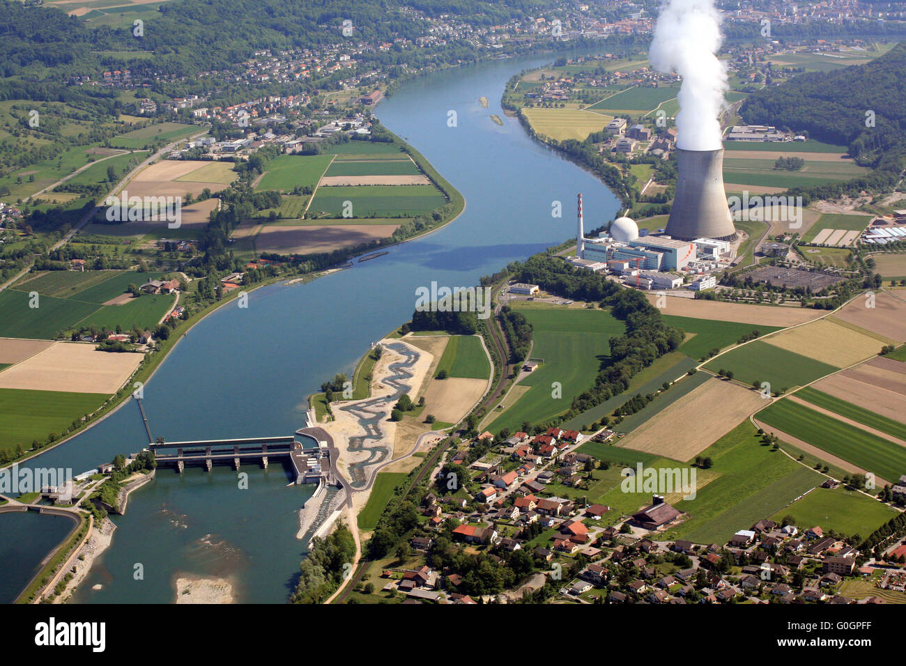 River Rhine with nuclear power plant Leibstadt in Switzerland Stock Photo