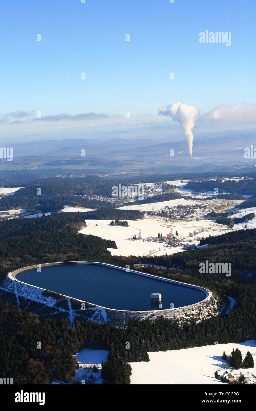 Hornbergbecken in the Black Forest and plume of the nuclear power plant Leibstadt in Switzerland Stock Photo