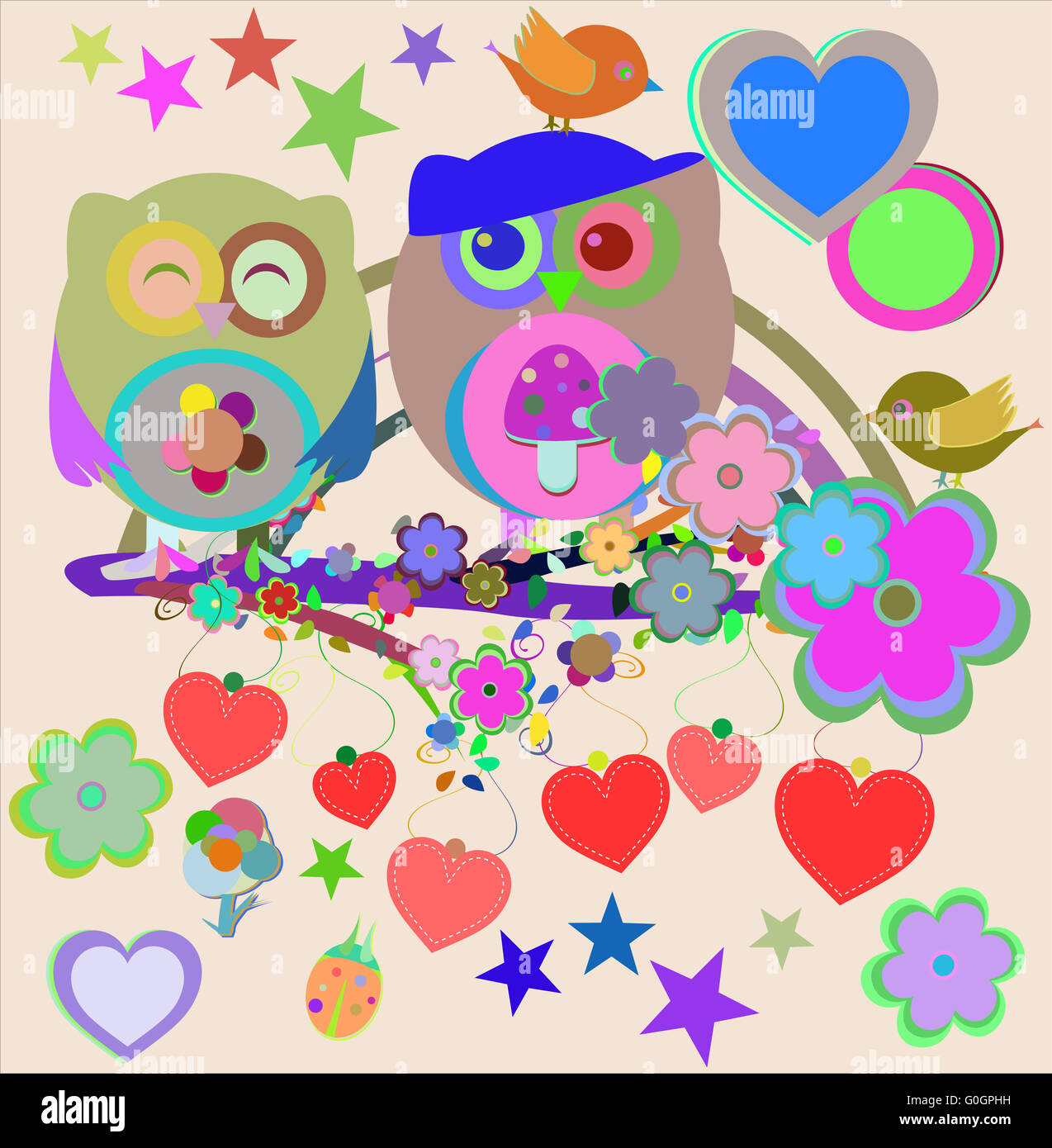 vector Two cute owls and bird on the flower tree branch Stock Photo - Alamy