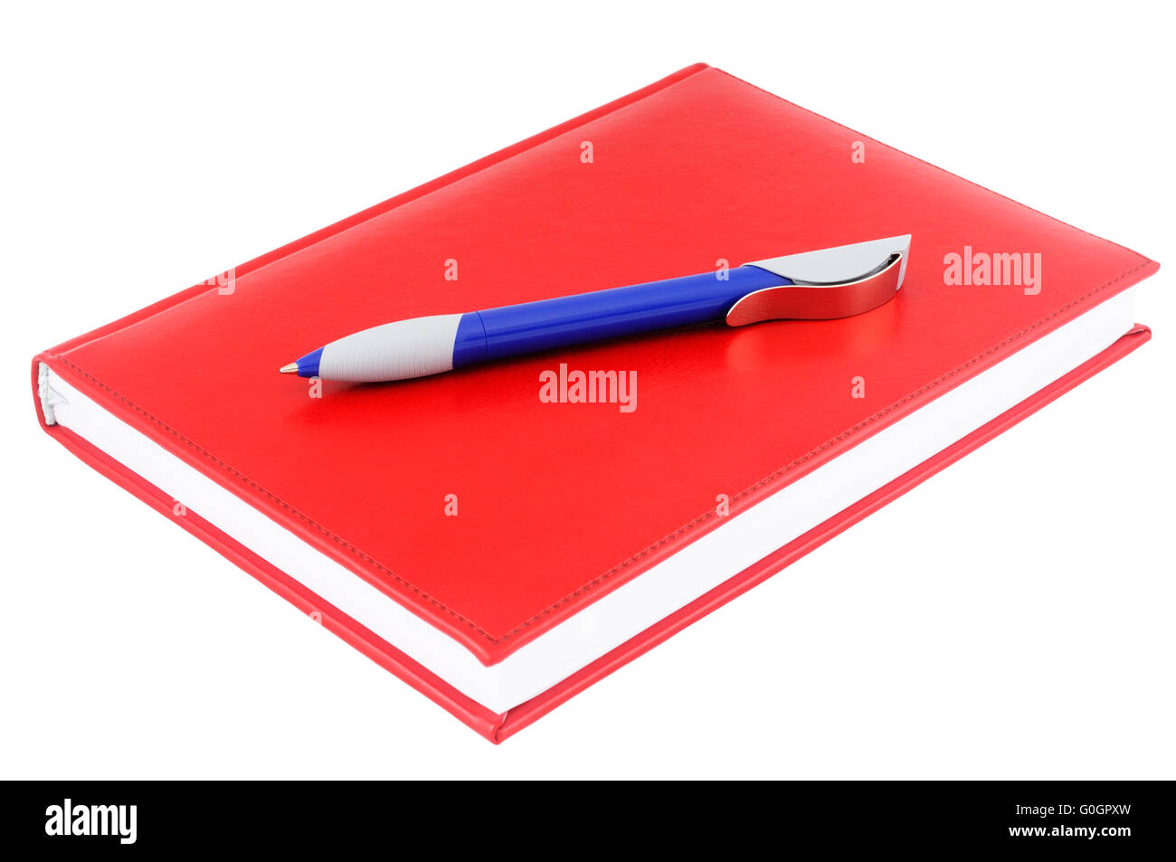 Red paper personal organizer and blue pen isolated on white Stock Photo