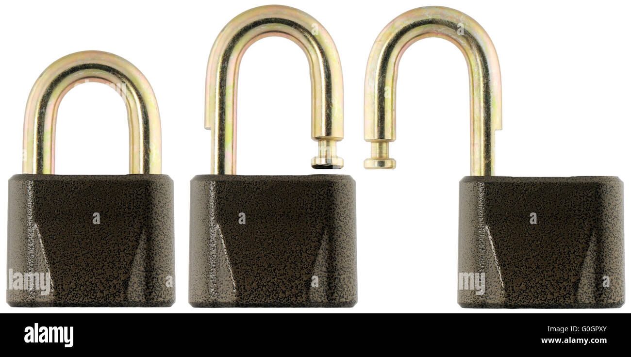 Metal padlock in lock and unlock state isolated on white Stock Photo