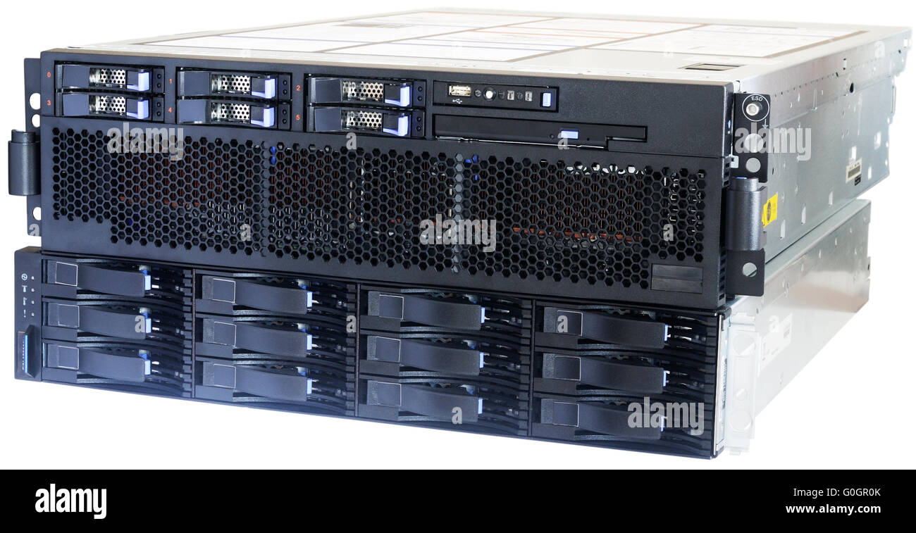Rack mounted blade server and system storage isolated on white Stock