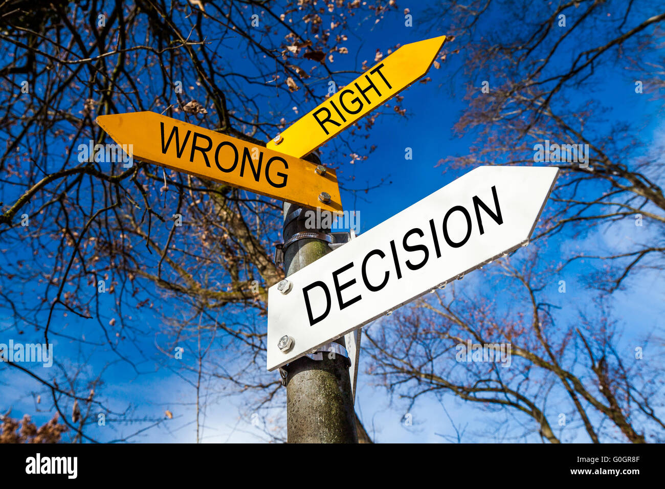 Decision sign in yellow and white Stock Photo