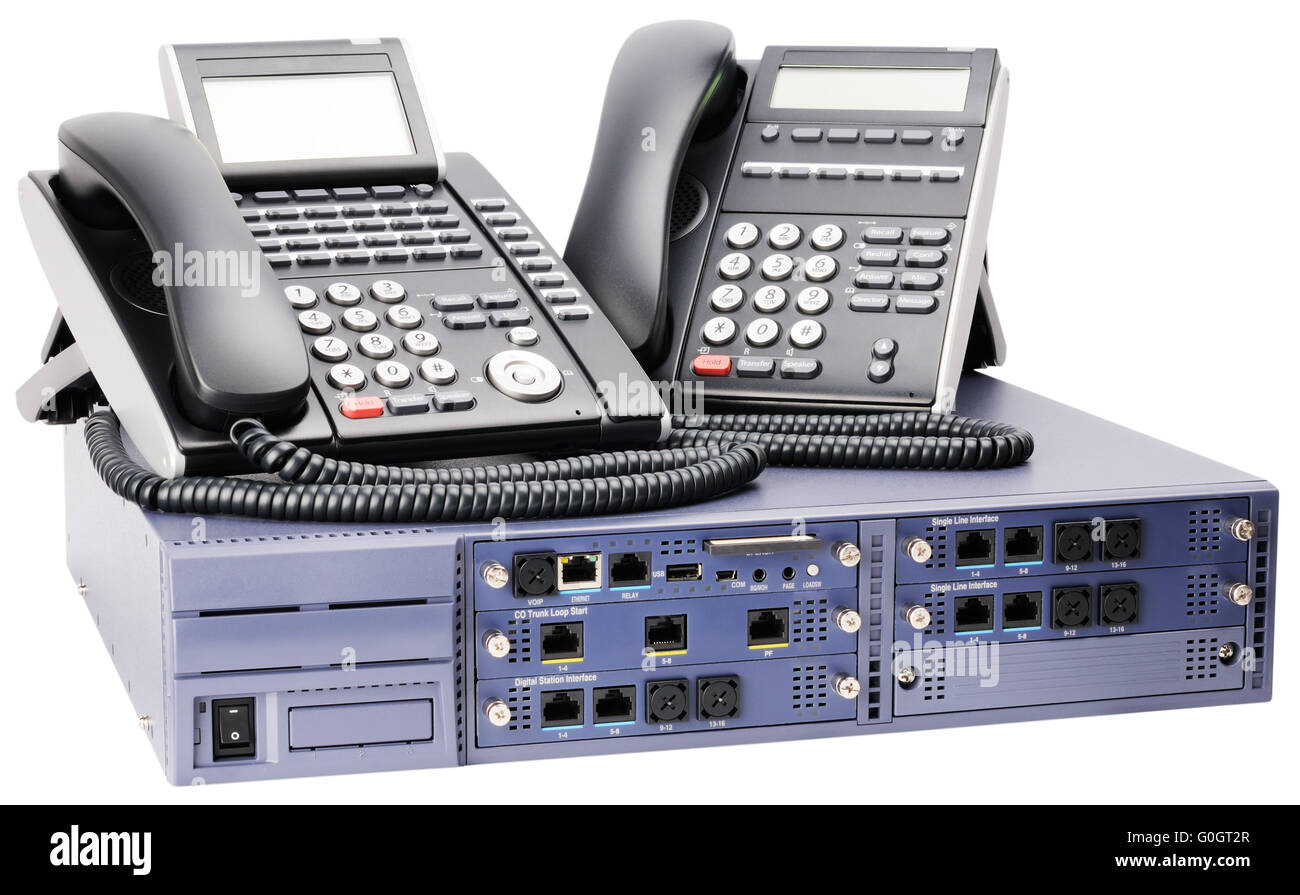 Phone switch system and two digital telephone sets isolated on white Stock Photo Alamy