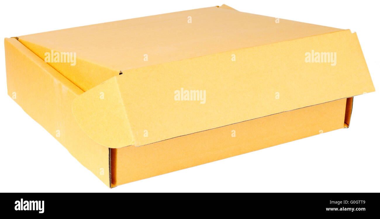 Light brown almost open pasteboard box isolated on the white Stock