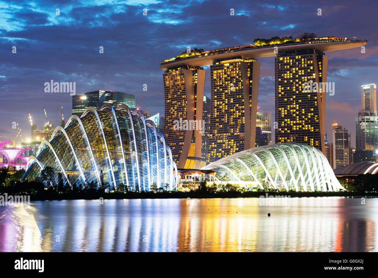 South East Asia, Singapore, Gardens by the Bay, Cloud Forest, Flower Dome, Marina Bay Sands Hotel and Casino Stock Photo