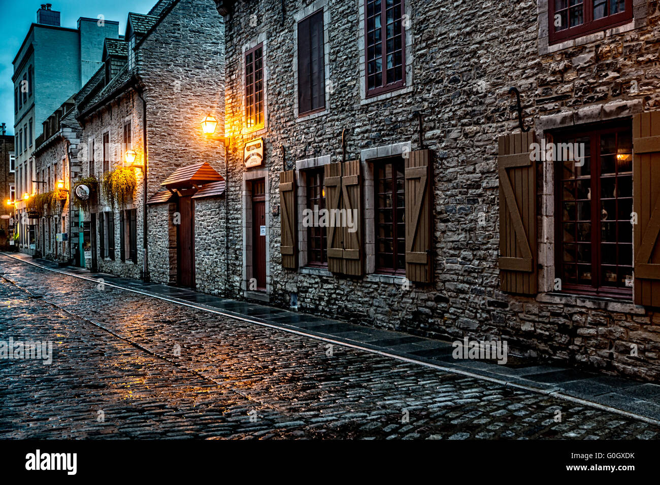 Old Town Quebec on a Rainy Night Stock Photo