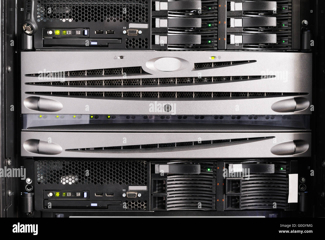 Rack mounted blade servers and system storage front view Stock Photo