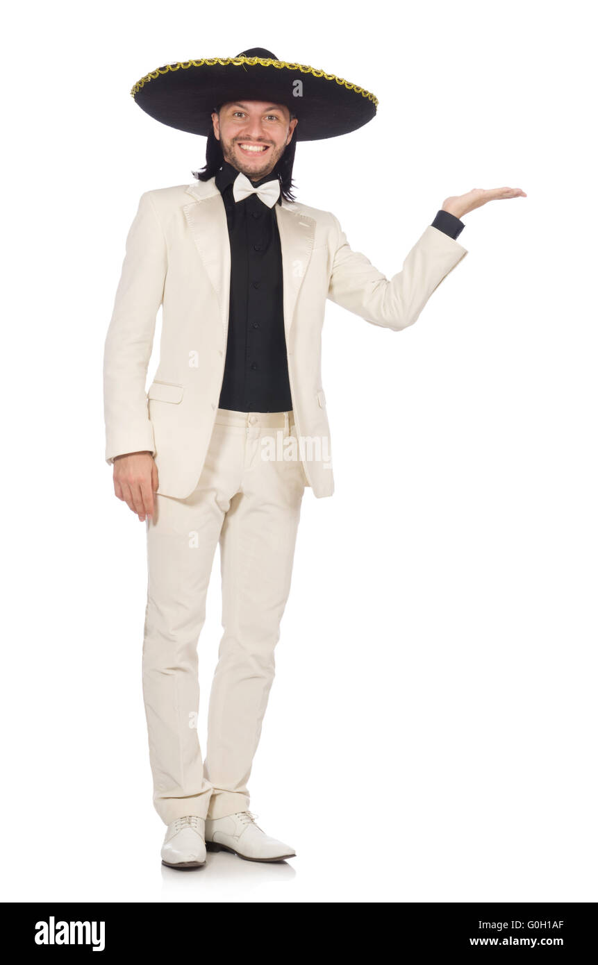 Funny mexican in suit and sombrero isolated on white Stock Photo