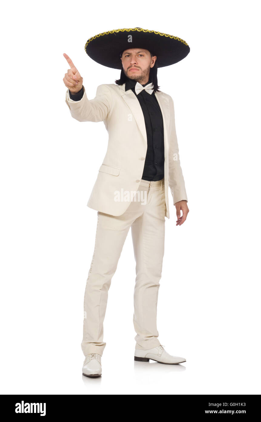 Funny mexican in suit and sombrero isolated on white Stock Photo