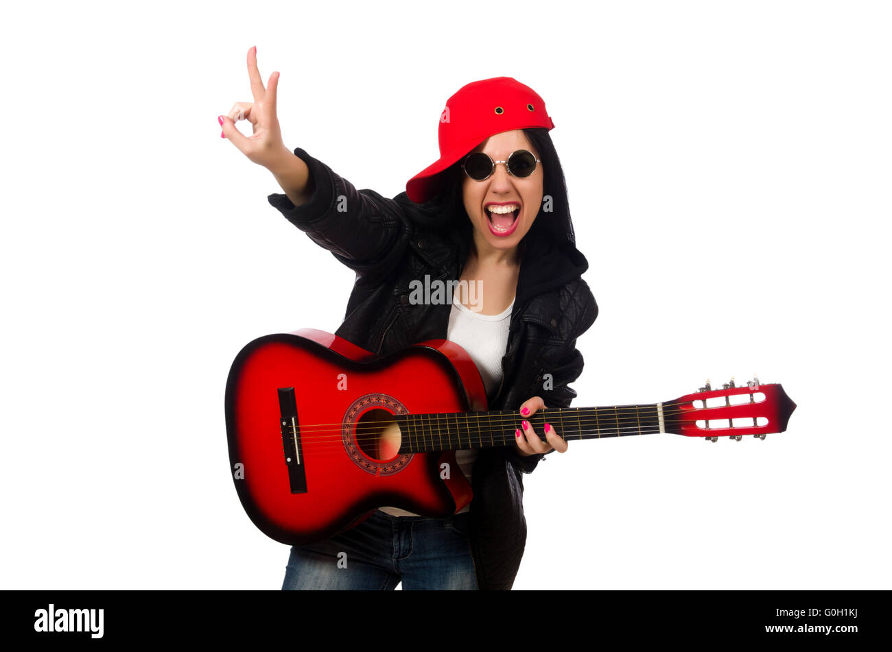 Woman playing guitar isolated on white Stock Photo - Alamy