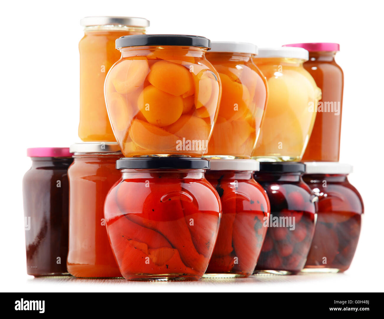 Jars with fruity compotes and jams. Preserved fruits Stock Photo Alamy