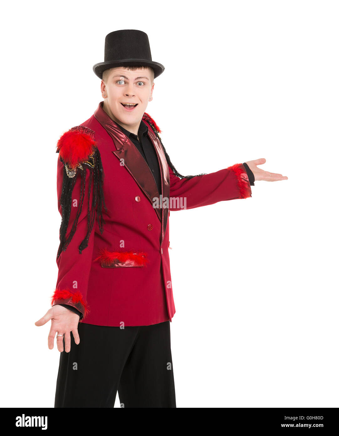 Emotional Entertainer in Red Suit and Silk Hat Stock Photo