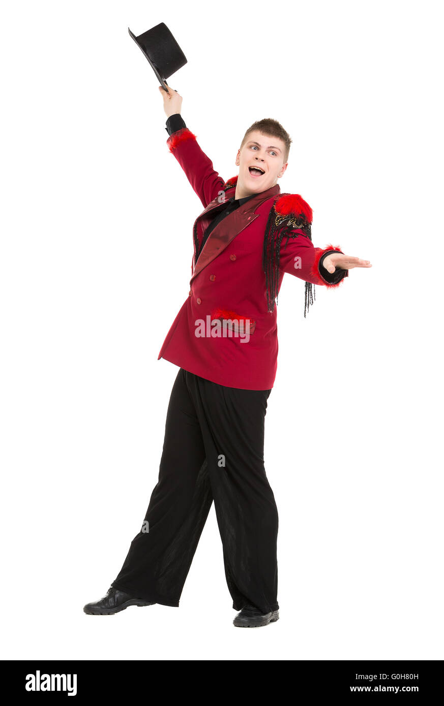 Emotional Entertainer in Red Suit and Silk Hat Stock Photo