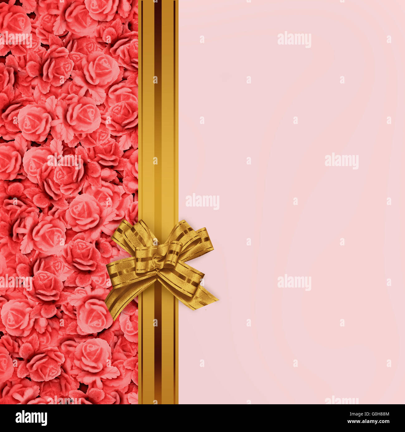 background with pink roses and golden bow and ribbon Stock Photo - Alamy