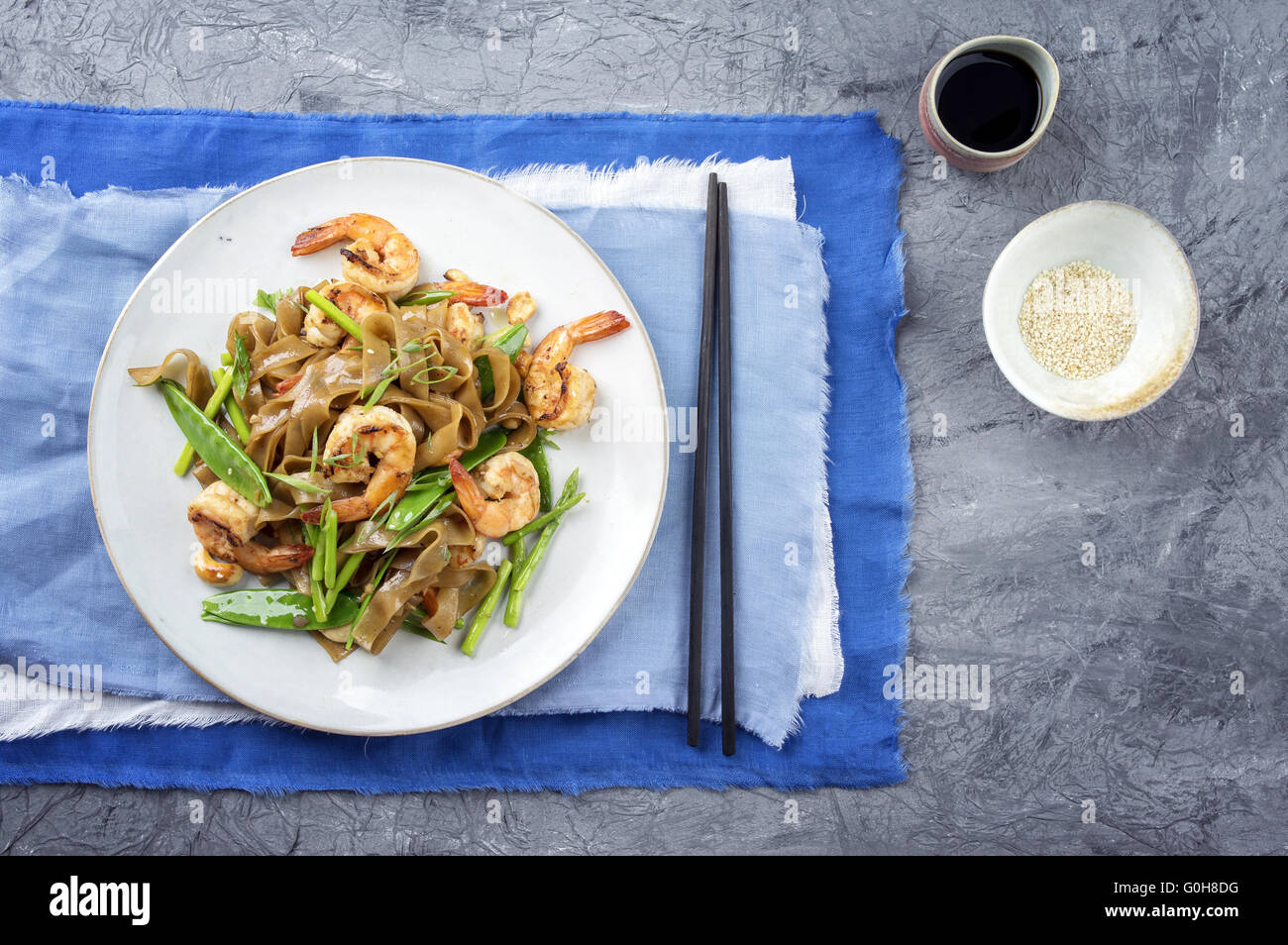 Kingprawns with Rice Noodles and Vegetable on Plate Stock Photo