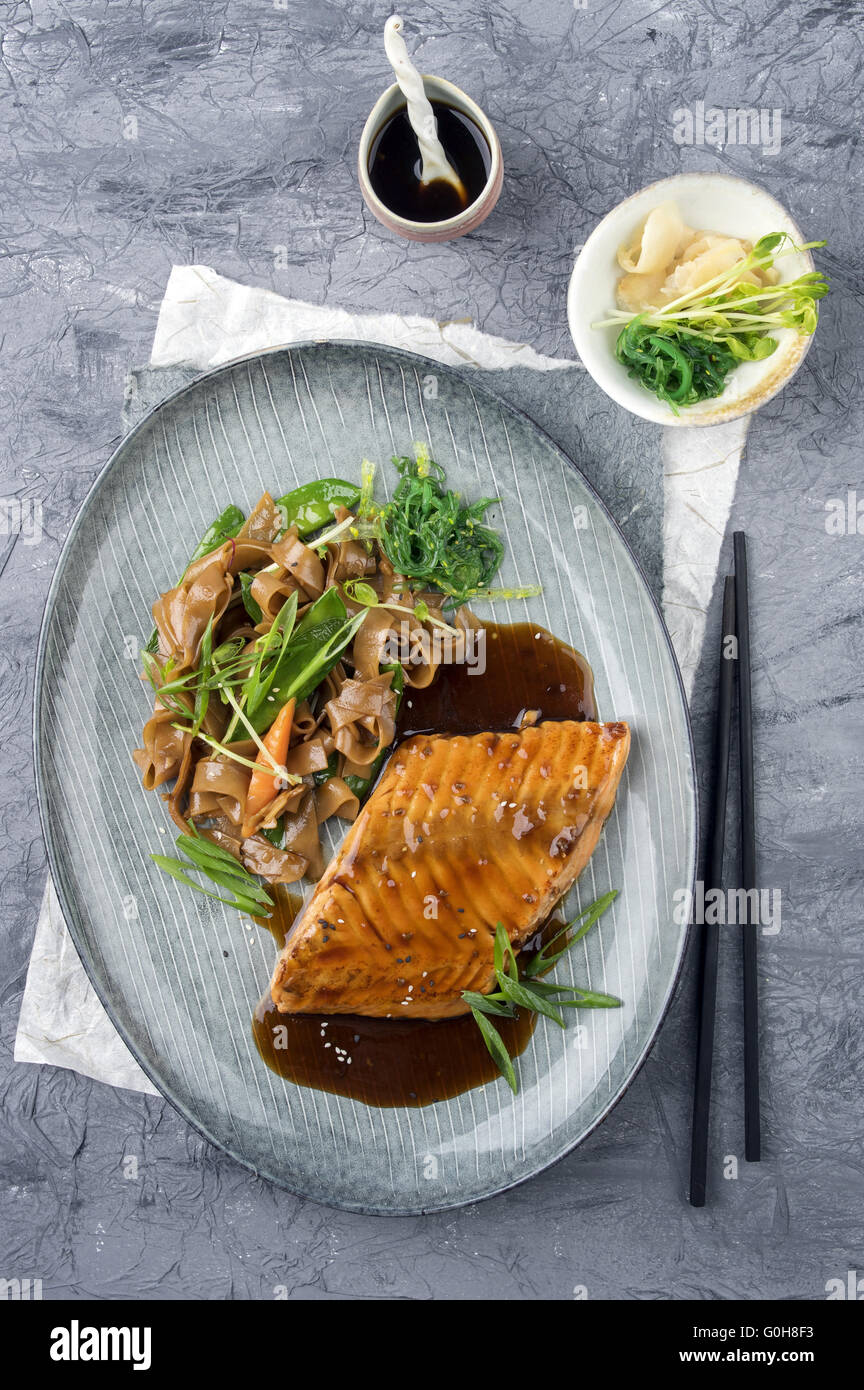 Salmon Teriyaki on Plate Stock Photo