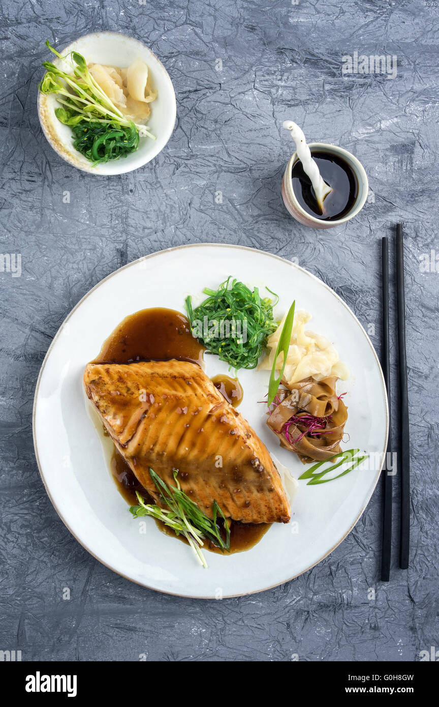 Salmon Teriyaki on Plate Stock Photo