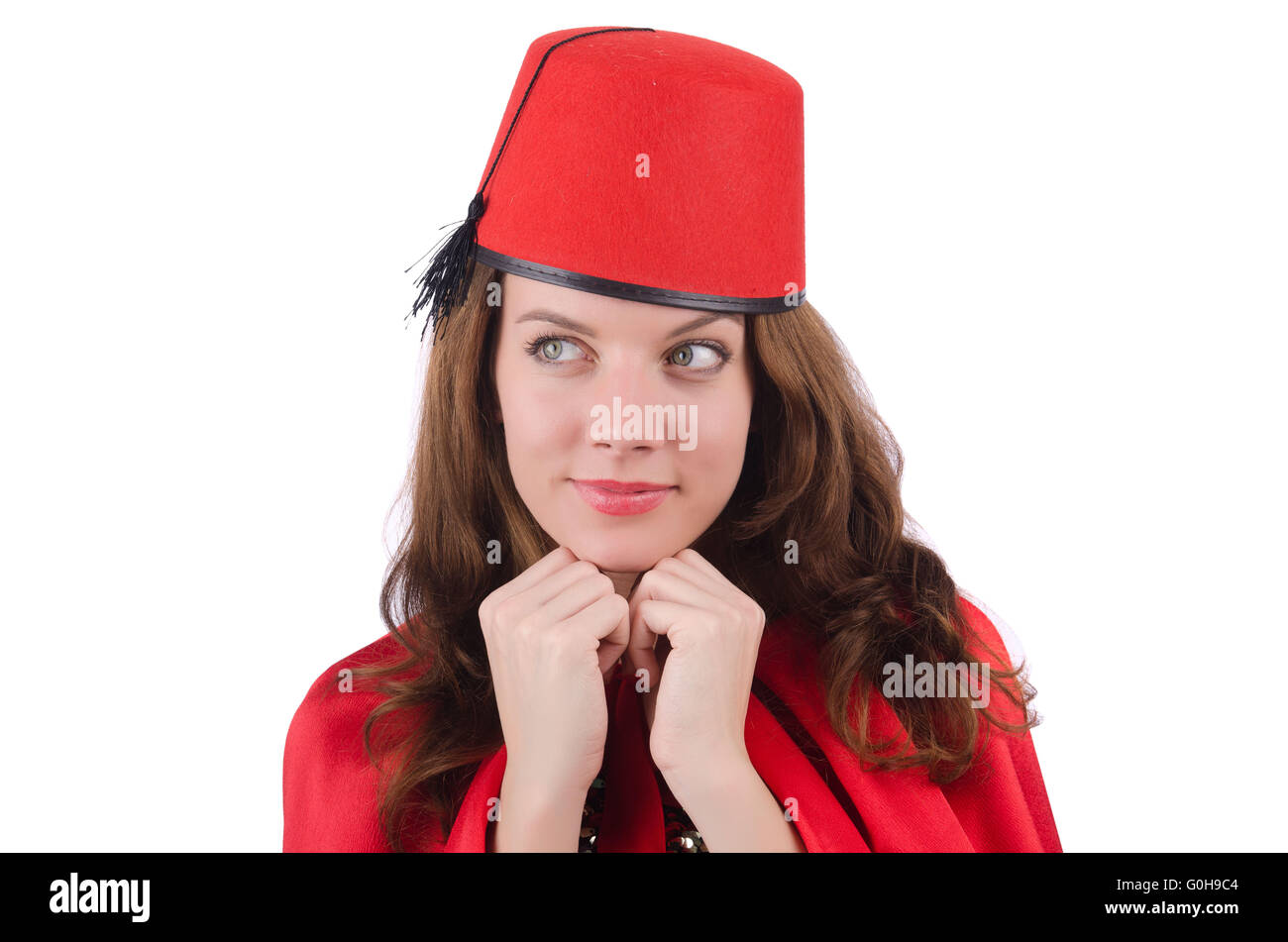Woman wearing fez hat isolated on white Stock Photo Alamy
