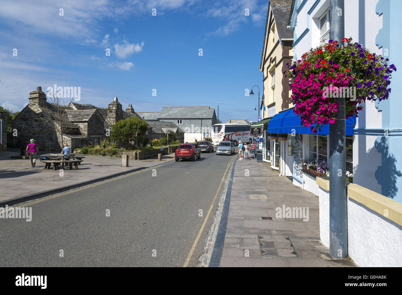 Main street of Tintagel on the north coast of Cornwall Stock Photo
