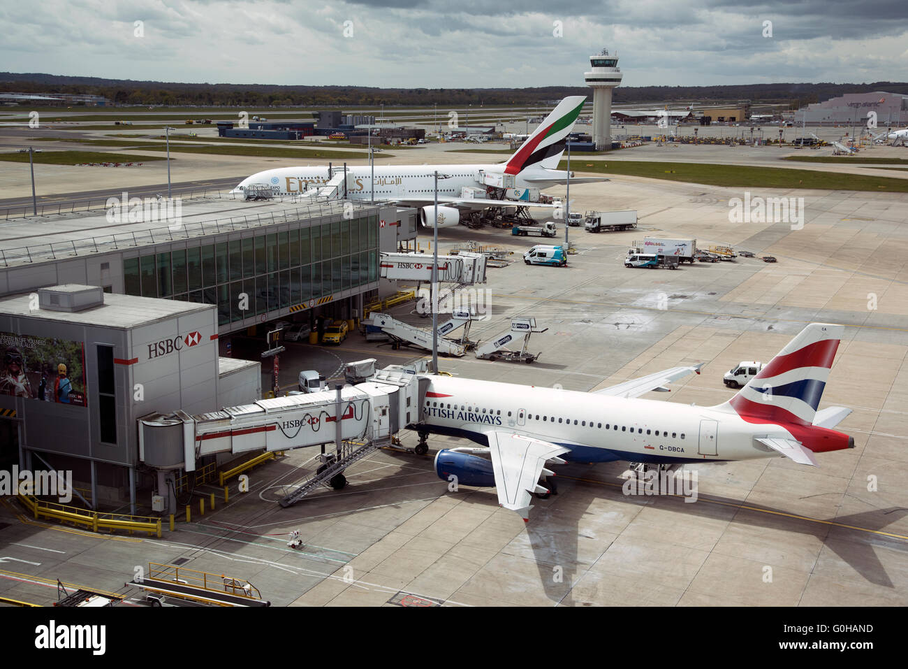 London Gatwick Airport with passenger jets on the jetway Stock Photo