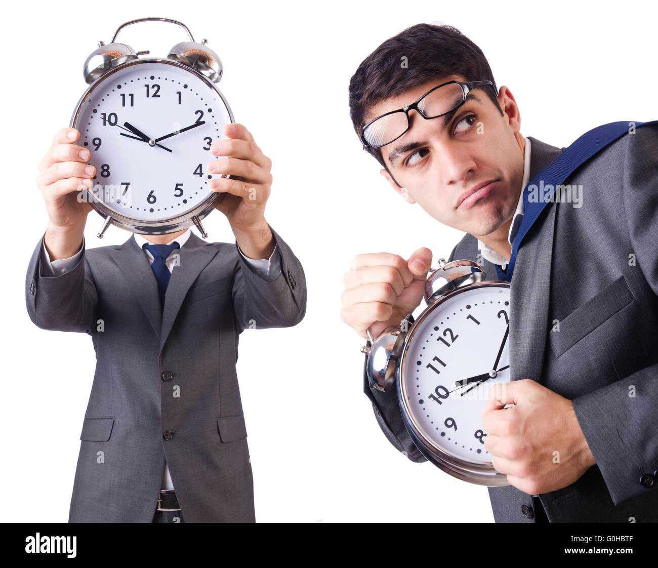Man with clock isolated on white Stock Photo - Alamy