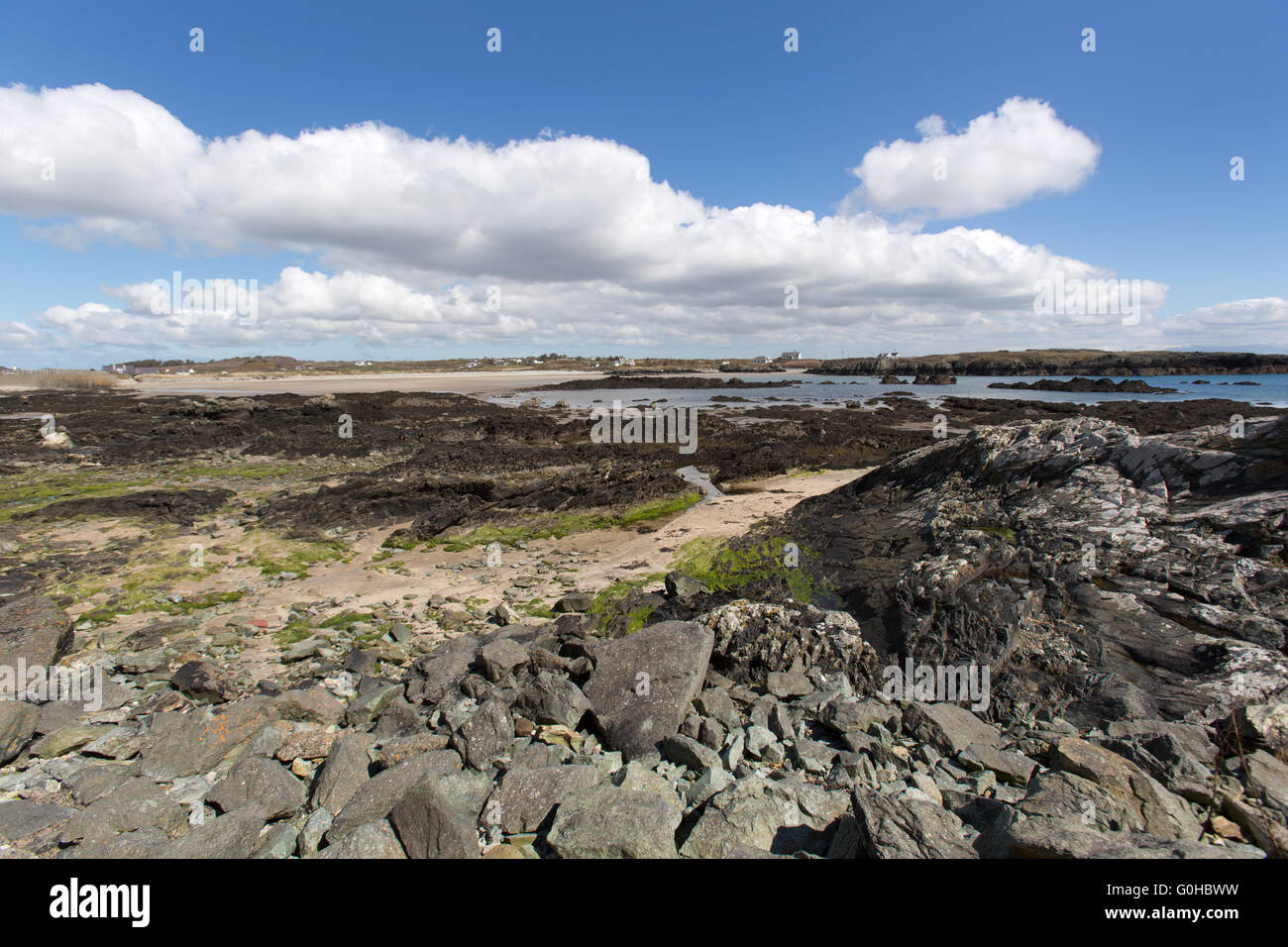 Picturesque view of the Anglesey coastline on the west coast of Holy Island at Borth Wen. Stock Photo