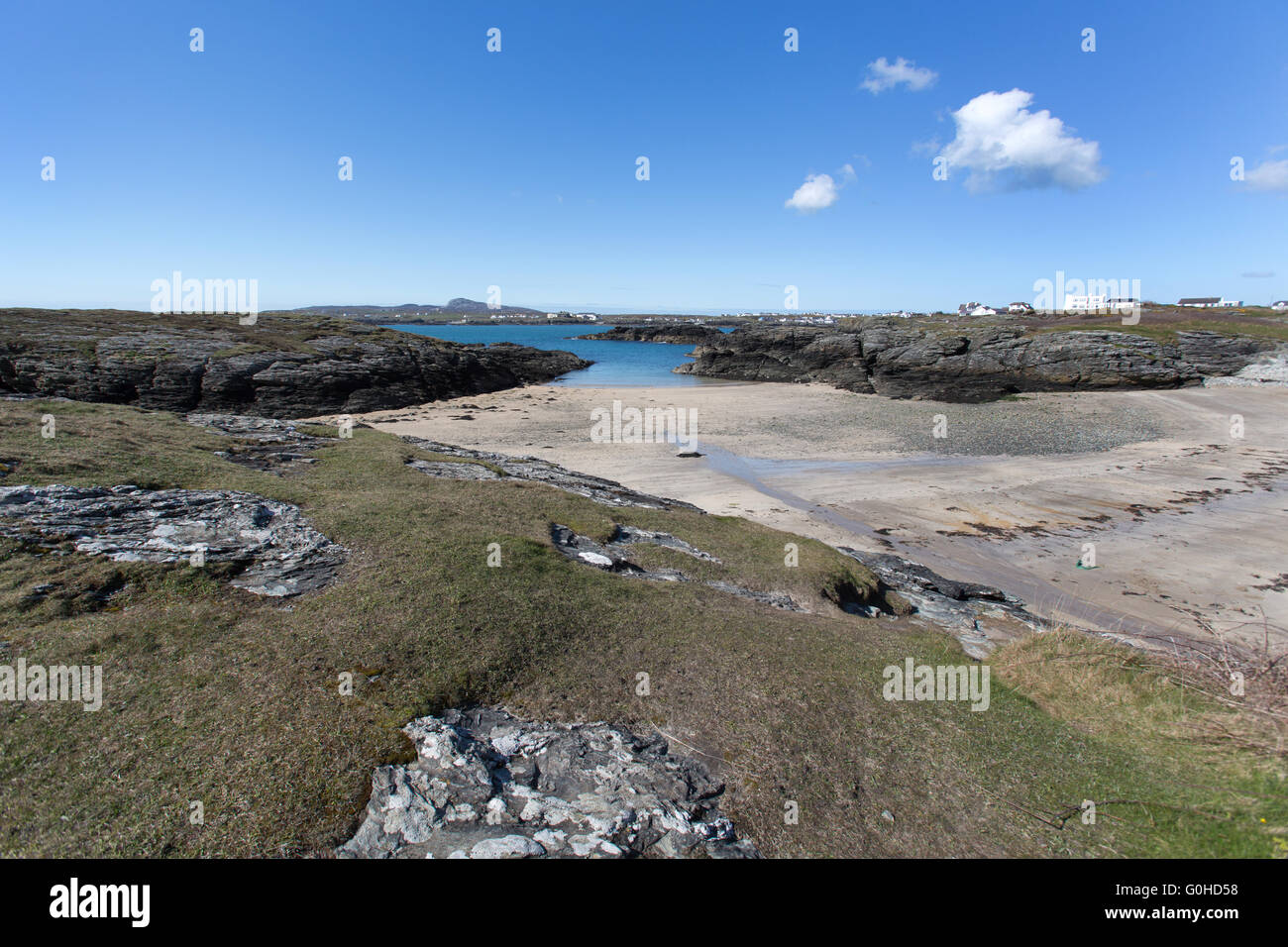 The Wales and Anglesey Coastal Path in North Wales. Picturesque view of Porth Castell beach at Trearddur Bay. Stock Photo