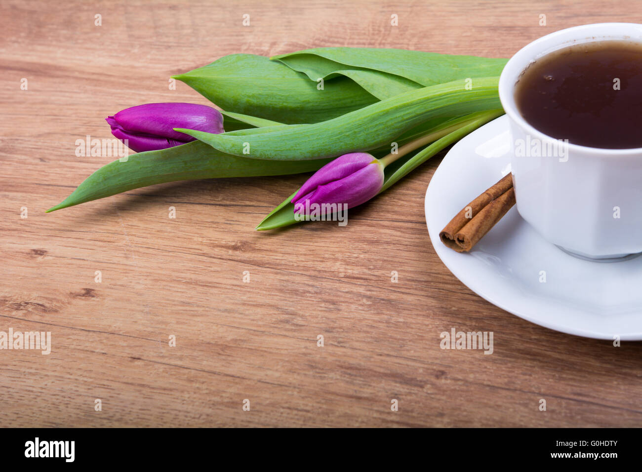 A cup of tea with cinnamon and purple tulips Stock Photo