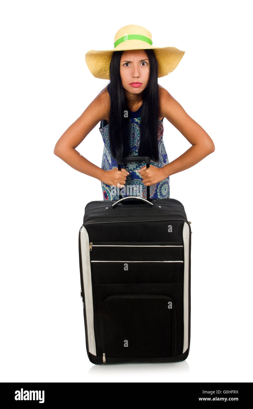 Woman with suitcase isolated on white Stock Photo Alamy