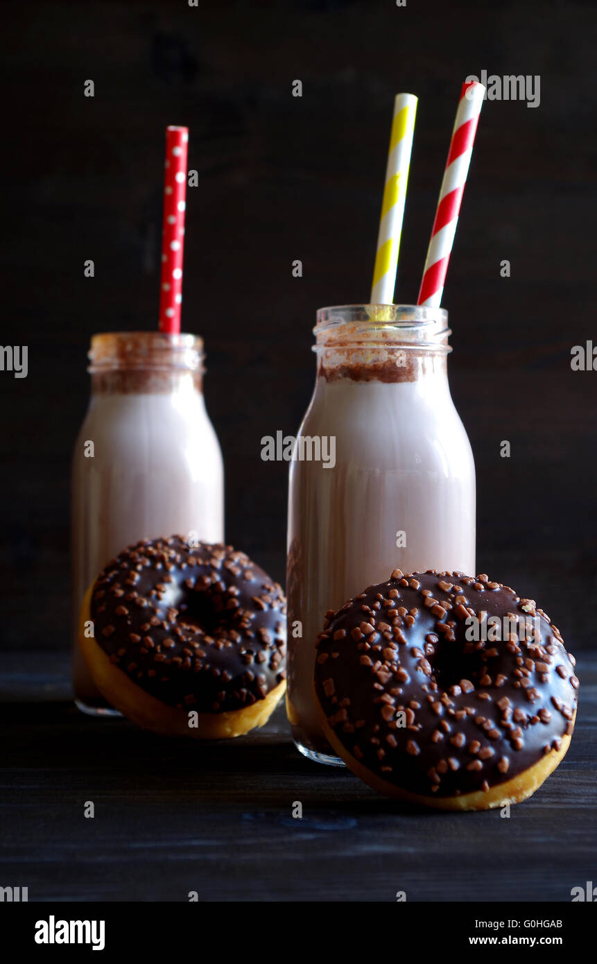 chocolate milk and chocolate donut Stock Photo