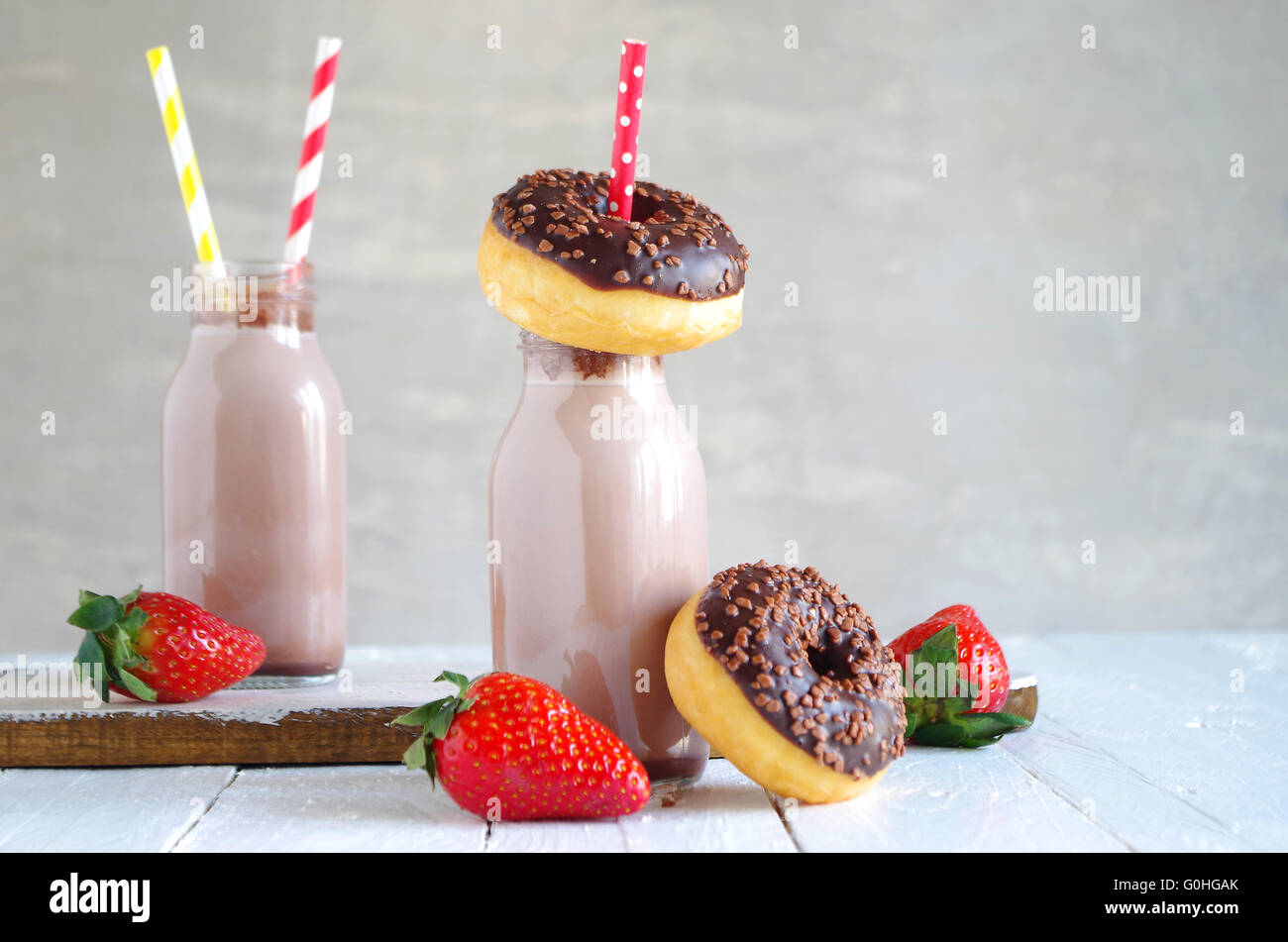 chocolate milk and chocolate donut with strawberries Stock Photo