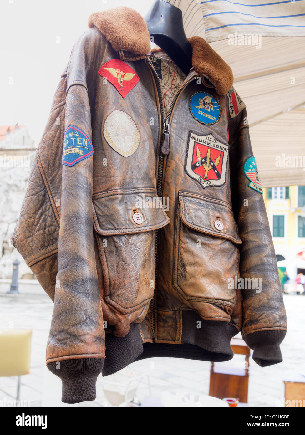 US USAF leather pilots jacket. For sale in market. Front view Stock Photo -  Alamy