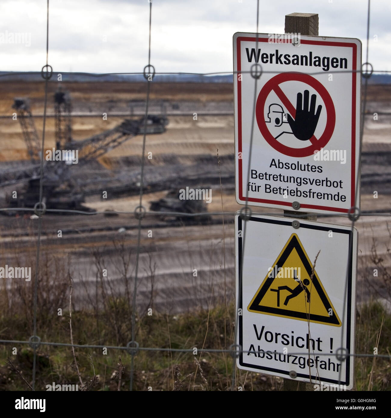 warning signs, brown coal surface mining Inden, North Rhine-Westphalia, Germany, Europe Stock Photo