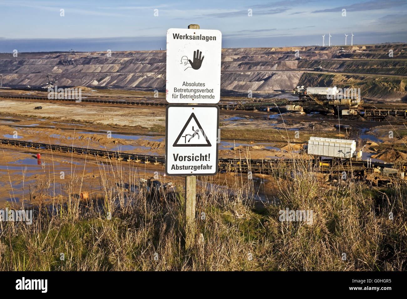 warning sign in front of Garzweiler II brown coal surface mining, Garzweiler, Juechen, Germany Stock Photo