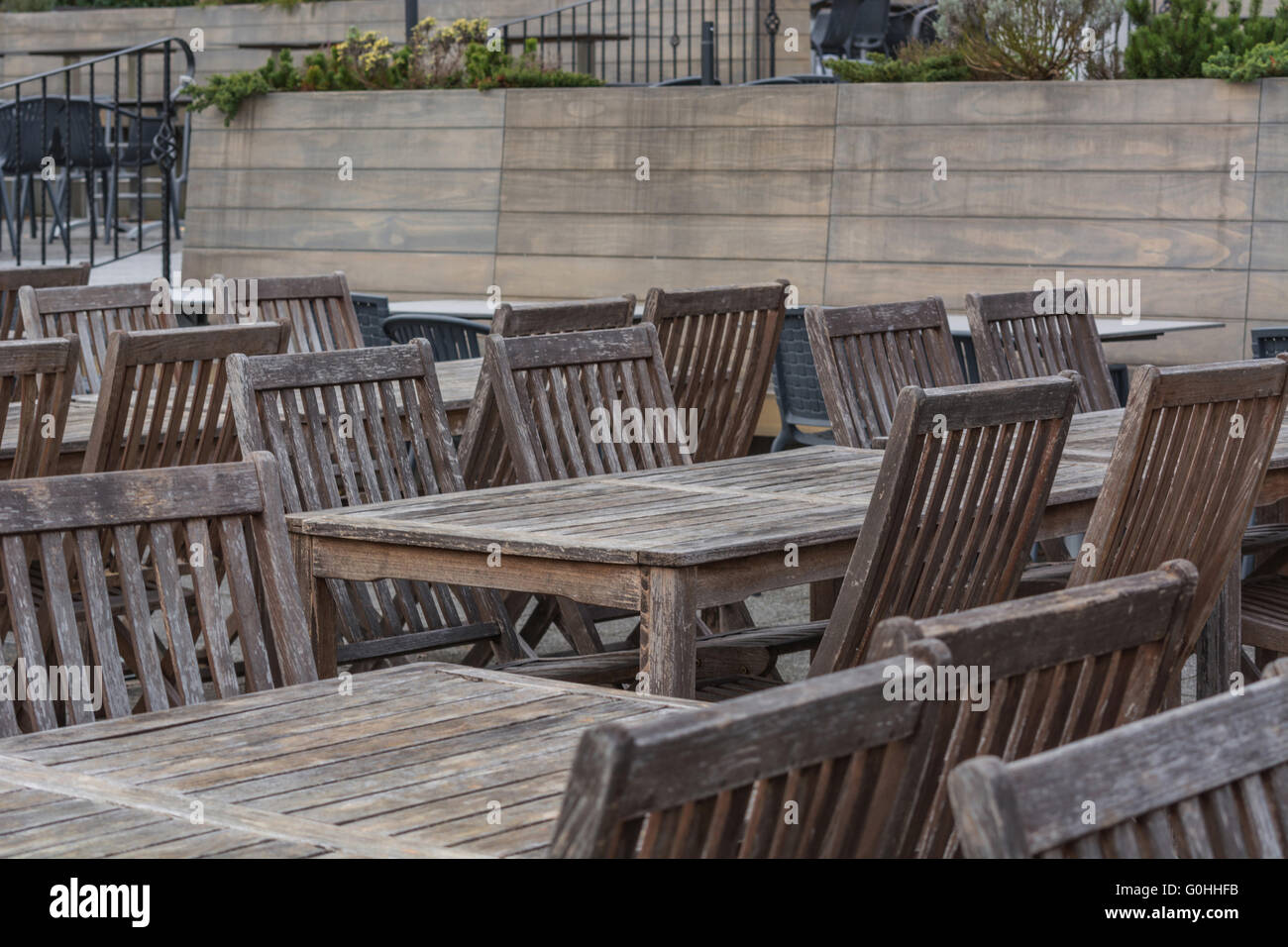 Beer garden wooden tables Stock Photo Alamy