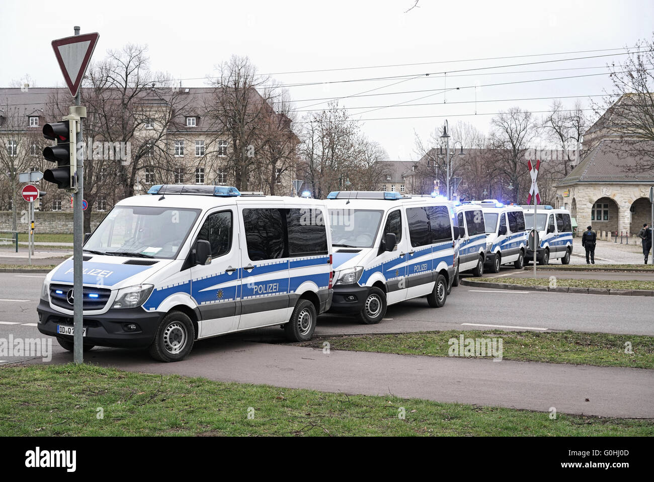 roadblock by the police after a football match in Magdeburg Stock Photo